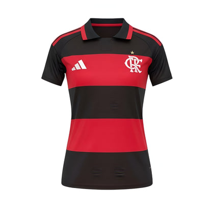 Woman wearing a Velukz Flamengo T-Shirt for 26/27 season, showcasing team colors and logo.